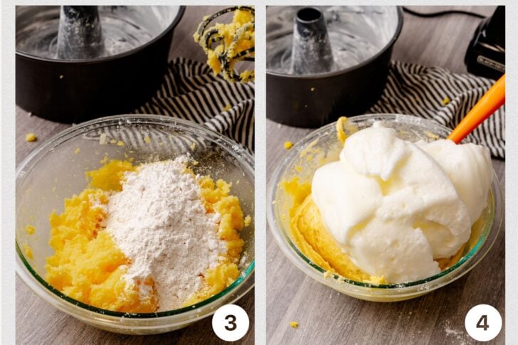 Two images show a bowl of cake batter. Image 3: Yellow batter with flour added. Image 4: White whipped egg whites added to the batter. Both images have baking tools nearby, and the process is numbered for steps in a recipe.