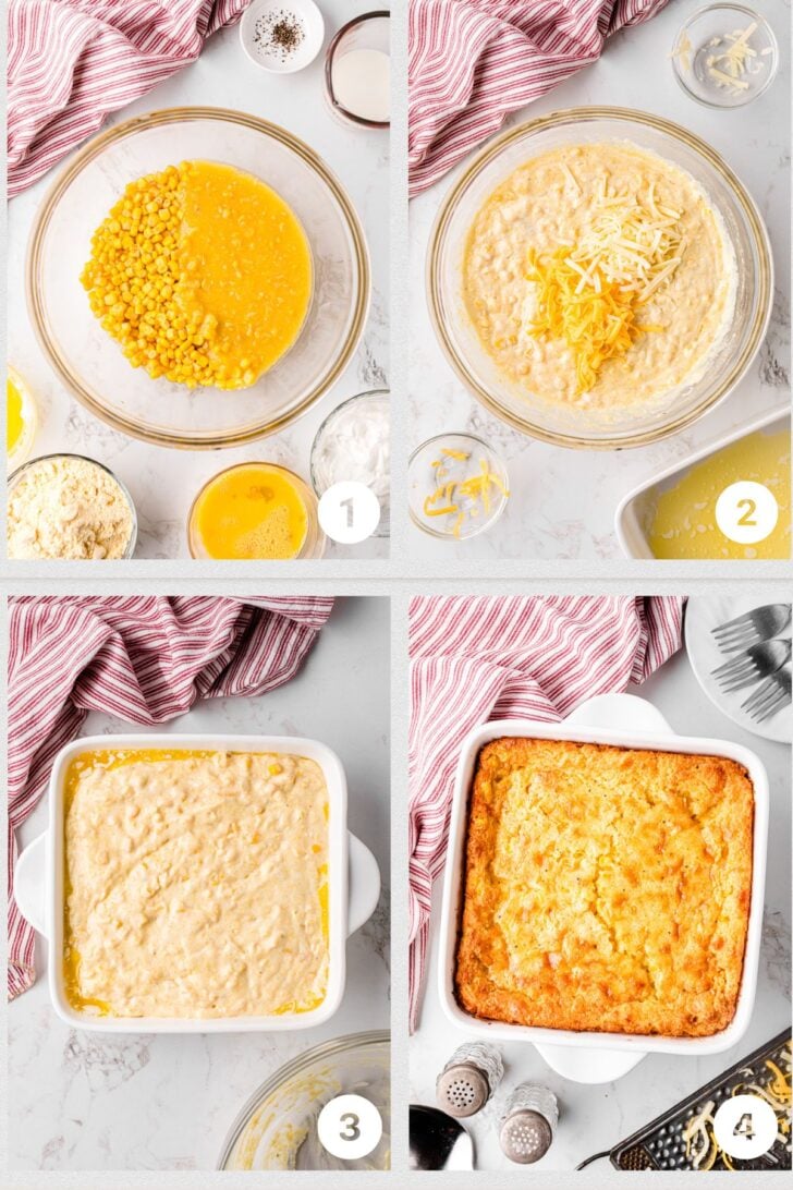 Photo 1 - creamed corn and corn kernels in glass bowl, Photo 2 - cheese mixed with cornbread mix and sour cream, Photo 3 - cornbread pudding in buttered casserole dish, Photo 4 - baked cornbread pudding in white dish.