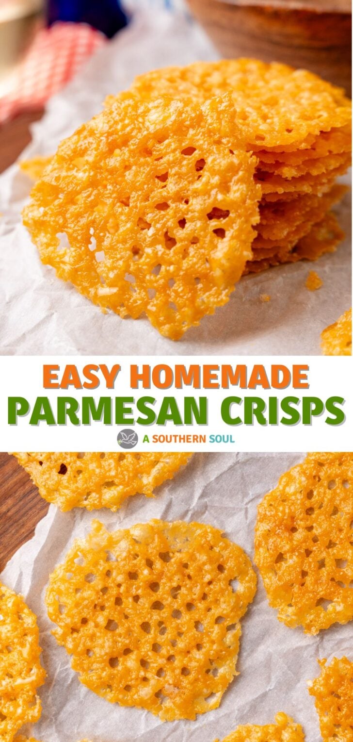 Oven baked Parmesan cheese crisps that are low carb and keto friendly.