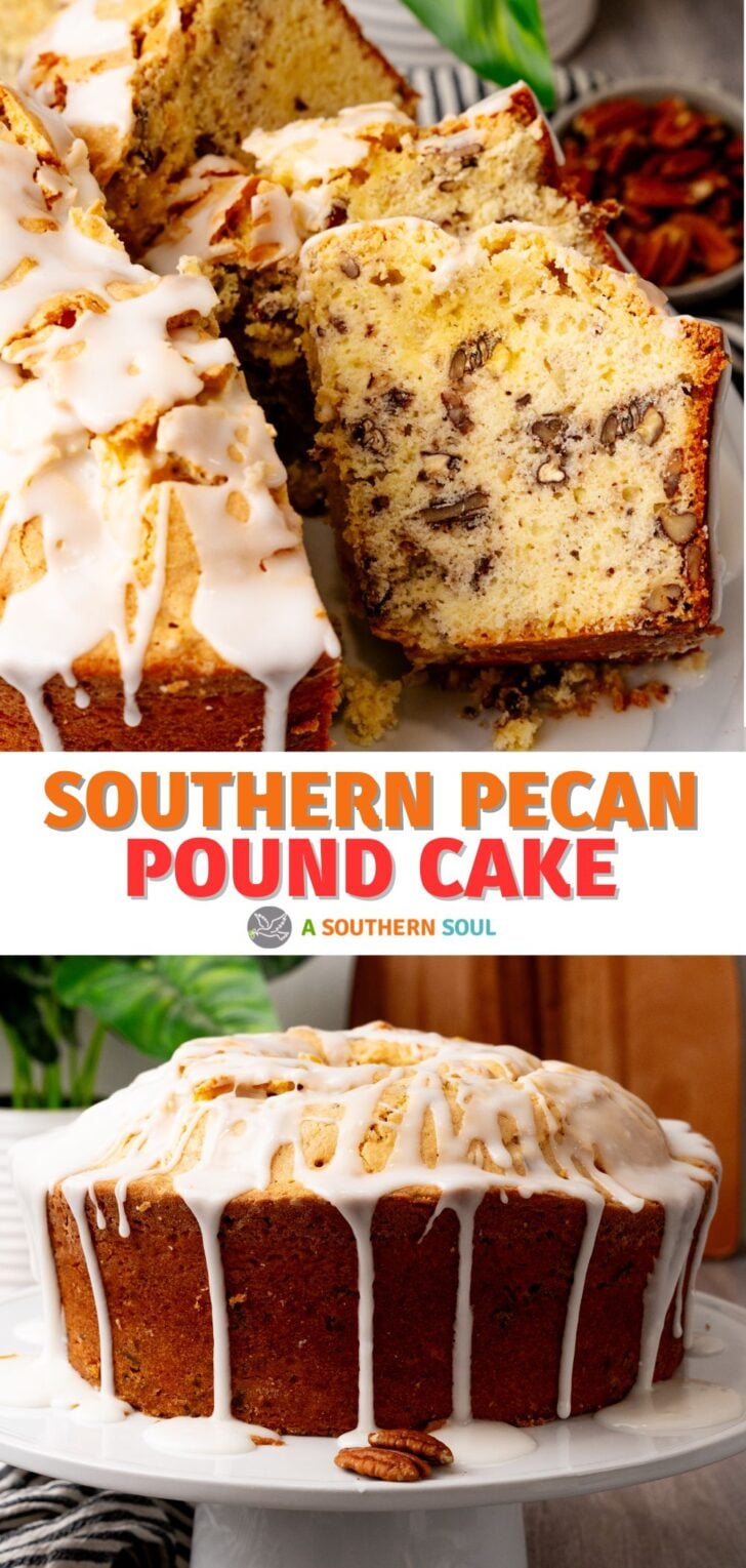 Southern Pecan Pound Cake with a sweet glaze served on a cake stand for dessert.