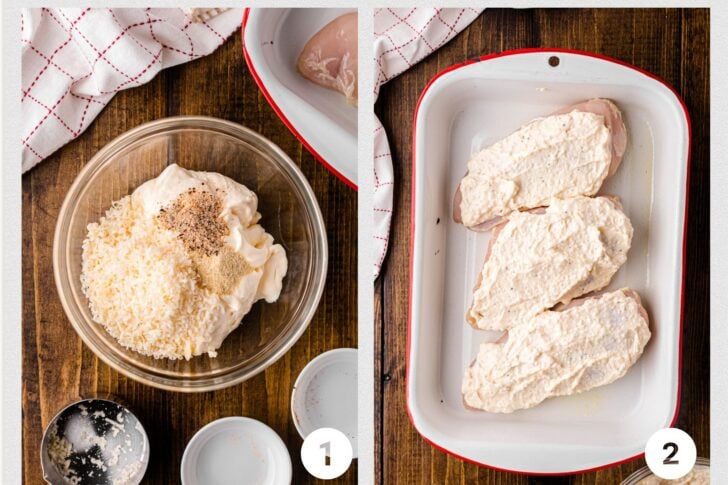Two images of a chicken dish preparation. Image 1: Mixing cheese, mayo, and seasoning in a glass bowl. Image 2: Chicken breasts coated with the mixture placed in a white baking dish on a wooden surface.