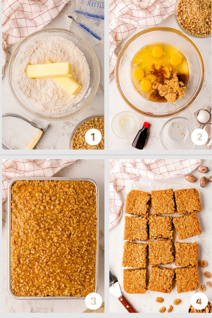 Photo1 - flour and butter in a glass bowl, Photo 2 - eggs and brown sugar in a glass bowl, Photos 3 - ingredients mixed and in a baking pan, Photo 4 - Pecan pie bars baked and cut into squares.