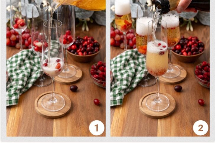 Champagne flutes on a wooden cutting board filled with champagne and topped with cranberries and grapes.