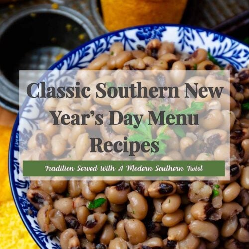 Classic Southern New Year's Day Menu Recipes Pinterest pin showing black-eyed peas in blue and white bowl with fresh parsley garnish
