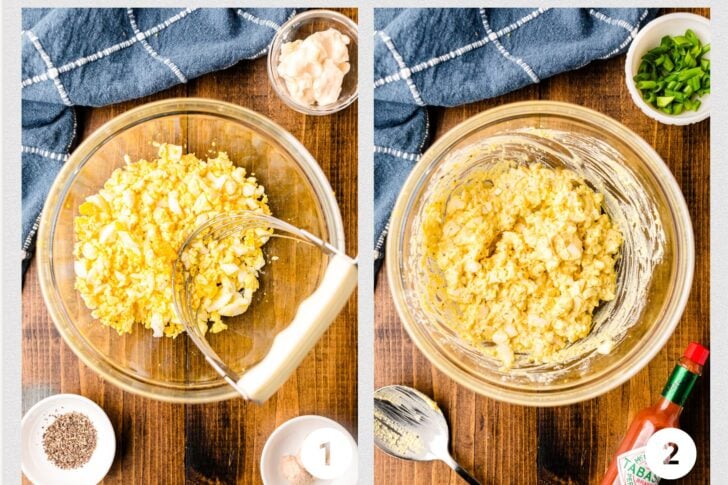 Photo 1 - boiled eggs in a glass bowl chopped with a pastry cutter, Photo 2 all ingredients mixed together in a glass bowl for Deviled Egg Dip.