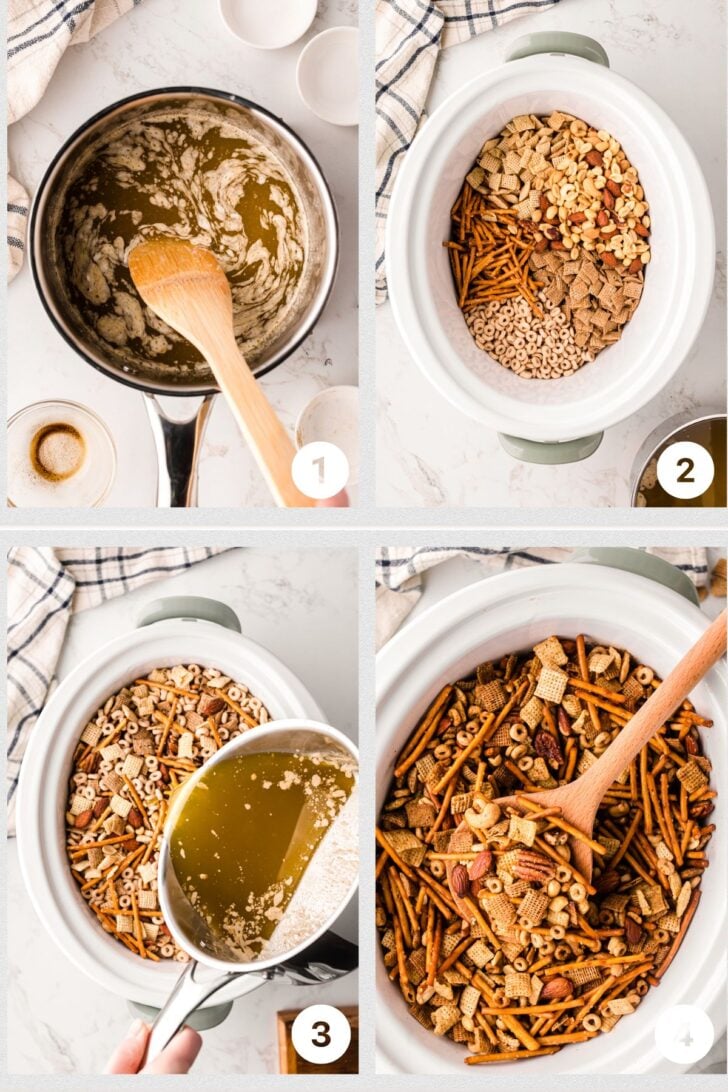 Four-step process of making snack mix: 1) Melted butter in a saucepan with a wooden spoon. 2) Mixed cereals, pretzels, and nuts in a crockpot. 3) Butter mixture being poured over the mix. 4) Mix stirred in the crockpot with a wooden spoon.
