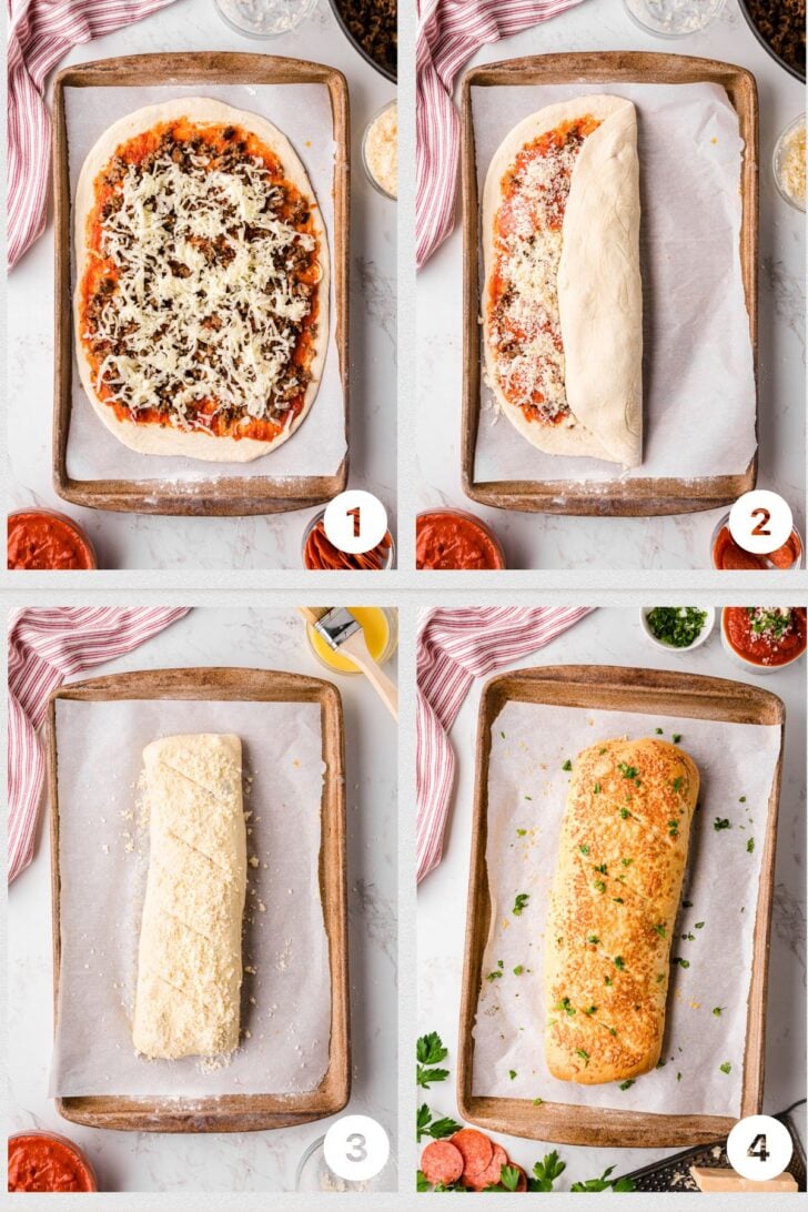 Photo 1 - pizza dough on baking pan layered with sauce, cheese, sausage and pepperoni, Photo 2 - stromboli rolled, Photo 3 - stromboli on parchment and topped with cheese, Photo 4 - stromboli baked.