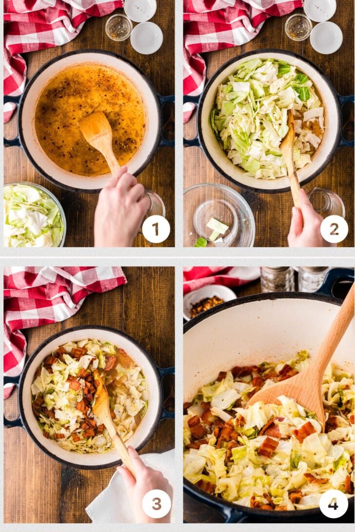 Step by step instruction photos with 4 easy processes for cooking fried bacon and cabbage in one pot.