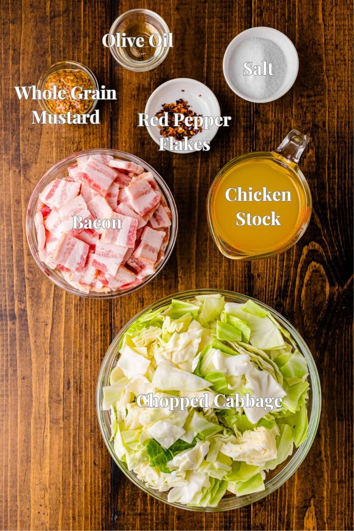 Cabbage, bacon and seasonings in glass bowls for Southern friend cabbage and bacon.