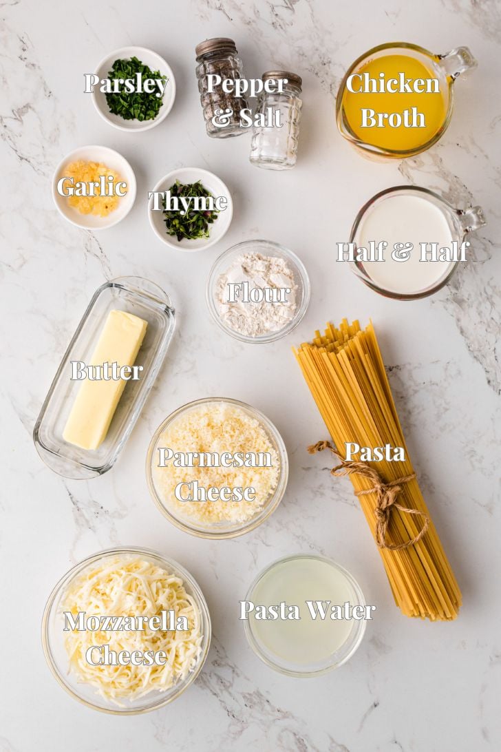 Ingredients for a pasta dish arranged on a marble surface: parsley, pepper and salt, chicken broth, garlic, thyme, half & half, flour, butter, pasta, mozzarella cheese, parmesan cheese, and pasta water.