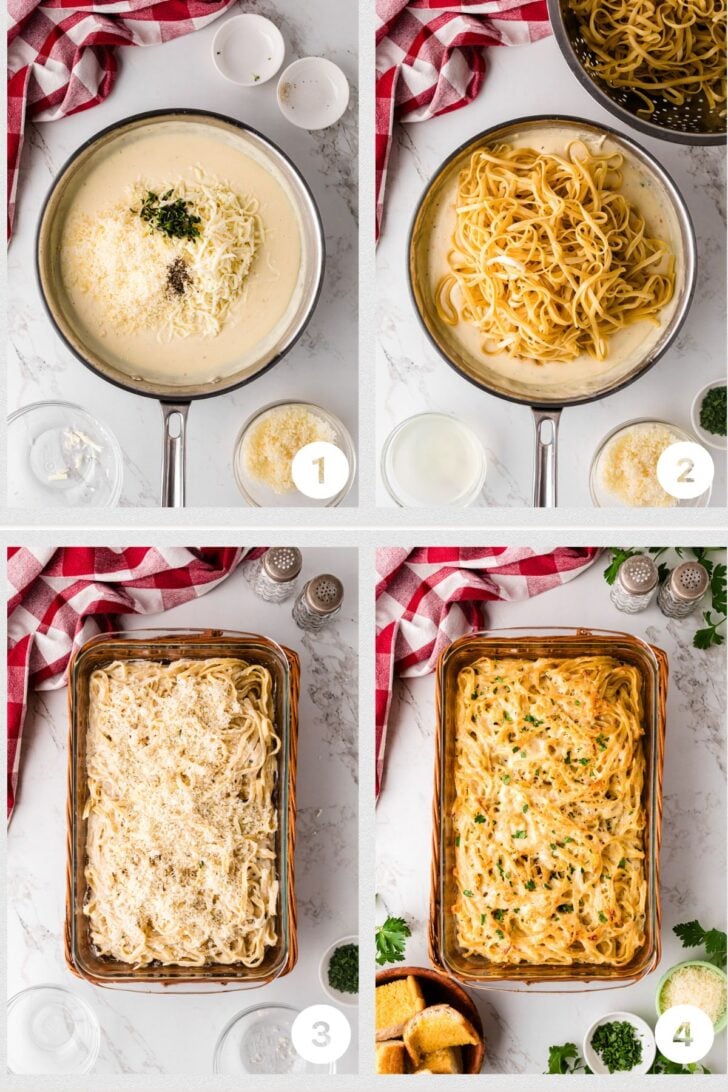 Four-step image of pasta preparation: 1) Cream sauce in a pan with herbs; 2) Spaghetti added to the sauce; 3) Combined pasta in a baking dish, topped with cheese; 4) Baked, garnished pasta in a dish. Garlic bread and herbs surround the setup.