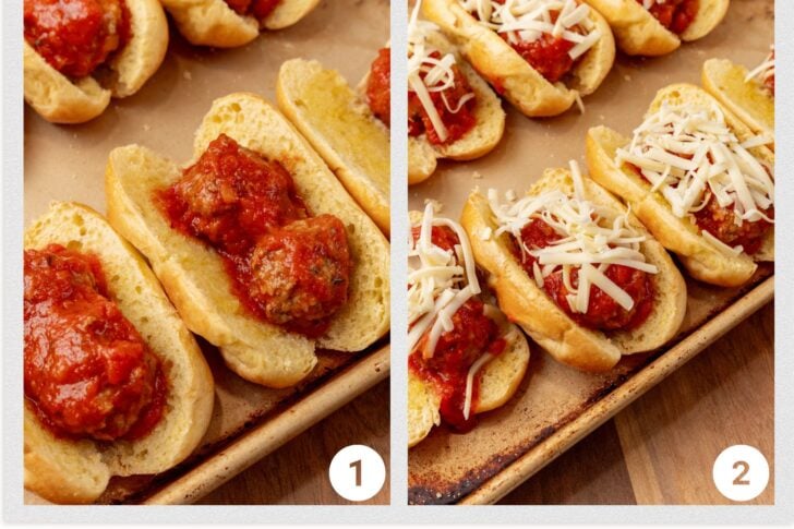 Split image showing two stages of preparing meatball subs: Image 1 displays open buns with meatballs in tomato sauce. Image 2 shows the same buns now topped with shredded cheese, placed on a baking sheet.