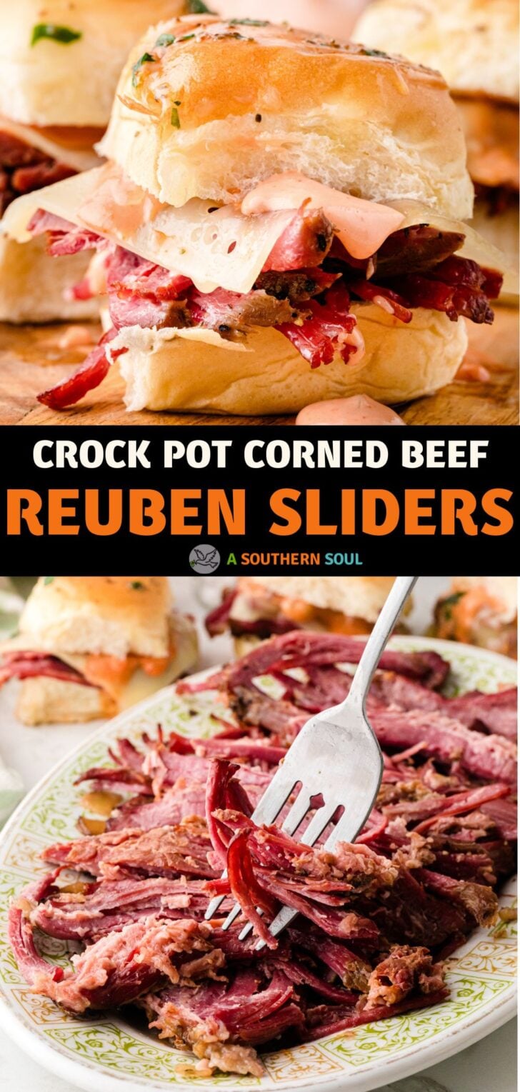 Pinterest pin image for Crock Pot Corned Beef Reuben Sliders