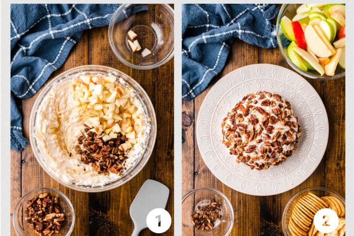 Left: A glass bowl filled with a mixture of chopped apples, pecans, and cream cheese on a wooden table. Right: A cheese ball coated with pecans on a decorative plate, surrounded by apple slices and crackers. A blue cloth lies nearby.