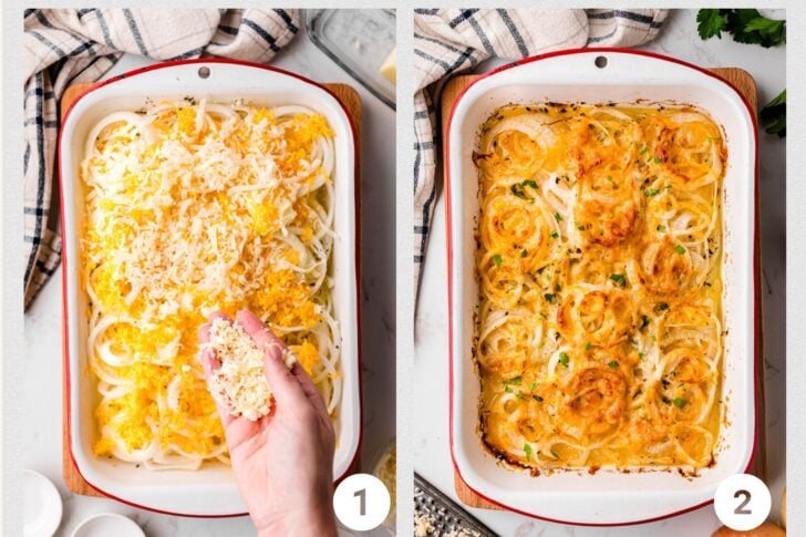 Split image showing a casserole dish. Left: Unbaked pasta topped with cheese being sprinkled by a hand. Right: Baked pasta with a golden crust. A striped cloth is in the background of both images, numbered 1 and 2.