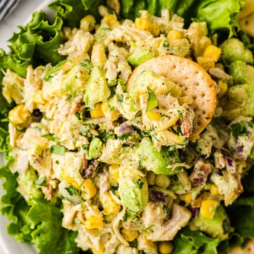 Avocado chicken salad 5 served on lettuce with corn, celery, and crackers on a white plate, overhead view