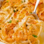 Baked Tennessee Onions: A Southern Classic Side Dish with caramelized onions and melted cheese in a white baking dish, garnished with green