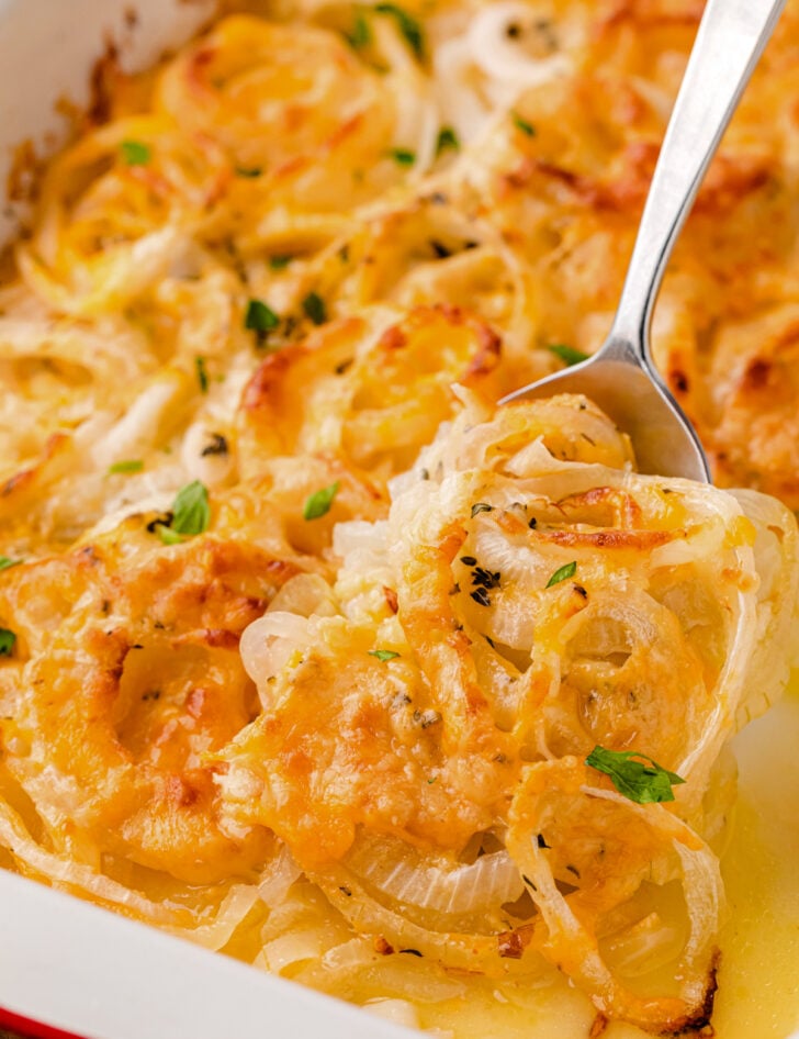Baked Tennessee Onions: A Southern Classic Side Dish with caramelized onions and melted cheese in a white baking dish, garnished with green