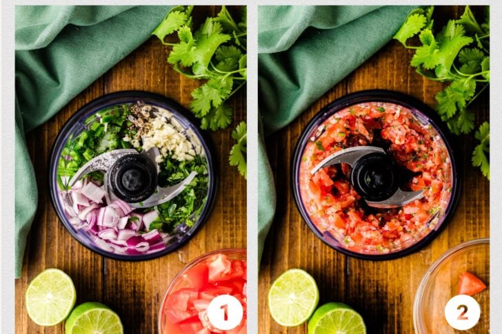 Two side-by-side images showing a food processor. The left side has chopped onions, cilantro, garlic, and spices; the right side shows the same ingredients blended into a salsa. Lime, cilantro, and tomatoes are nearby.