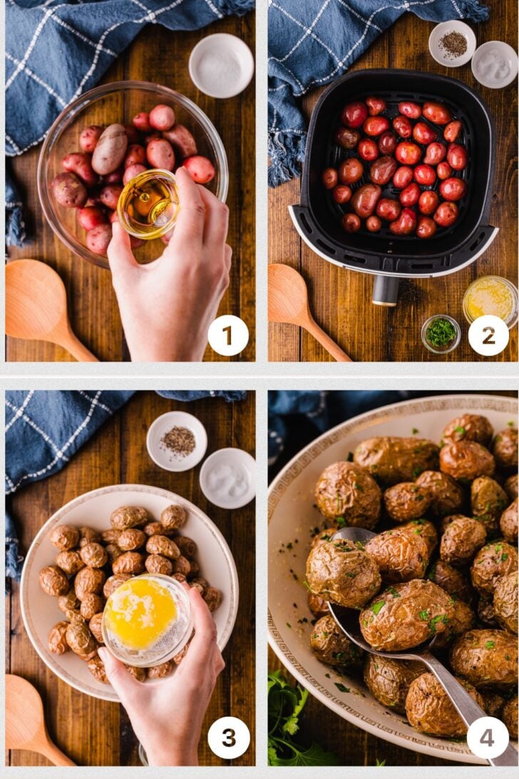 Four images showing the steps to prepare roasted baby potatoes. 1: Potatoes in a bowl being drizzled with oil. 2: Potatoes in an air fryer. 3: Cooked potatoes in a bowl with butter. 4: Roasted potatoes on a spoon, garnished with herbs.