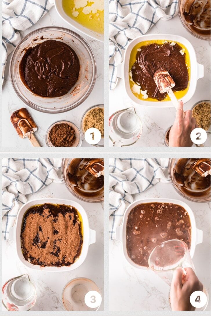 Four-step collage showing a chocolate dessert being prepared: mixing chocolate batter, spreading it in a baking dish with melted butter, sprinkling cocoa and brown sugar mix on top, then pouring water over before baking.