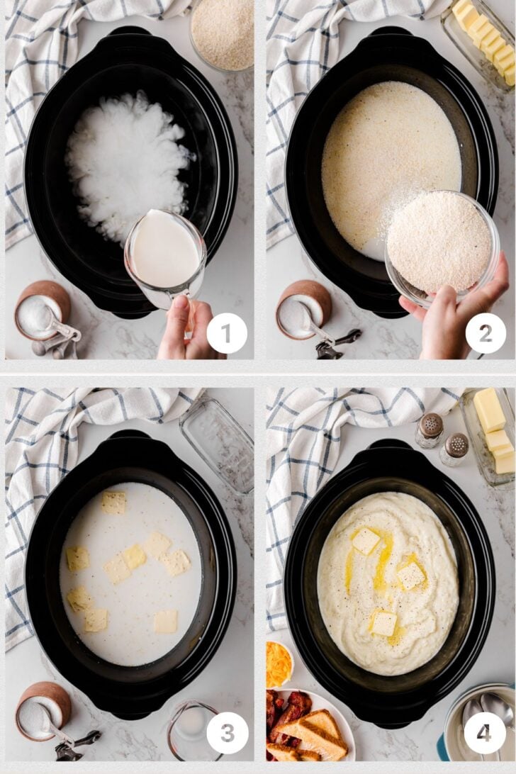 Four-step collage showing mashed potatoes made in a slow cooker: 1) Milk is poured over potatoes, 2) Seasonings are added, 3) Butter pieces on top, 4) Finished mashed potatoes with melted butter. Ingredients and utensils are visible.