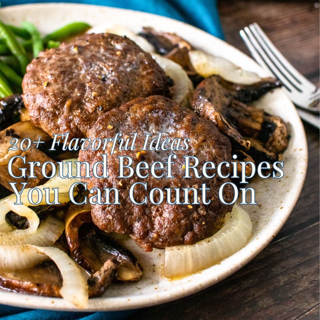 Juicy ground beef meatballs with caramelized onions on white plate, Pinterest pin for Ground Beef Recipes You Can Count On: 20+ Flavorful Id