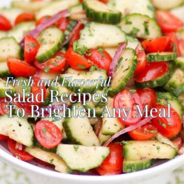 Fresh, Flavorful Salads To Brighten Up Any Meal: cucumber and tomato salad with red onion and herbs in white bowl, Pinterest pin