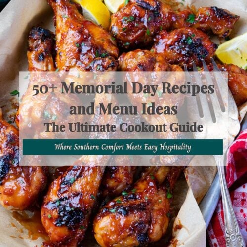 50+ Memorial Day Recipes and Menu Ideas featured image with glazed chicken wings and lemon.
