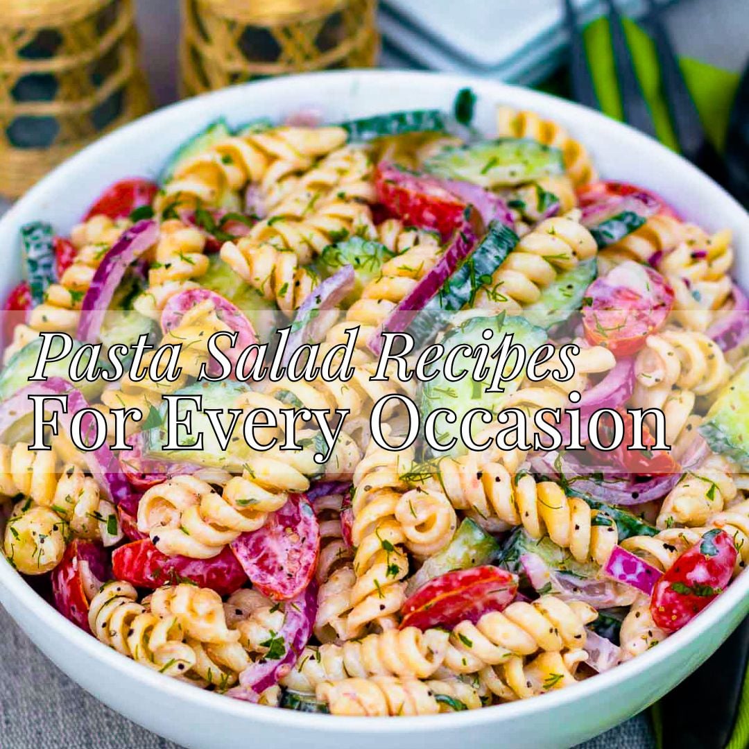 Colorful pasta salad with rotini, red peppers, purple onions, and fresh herbs in white bowl. Pinterest pin for 13 Pasta Salads For Every Occ