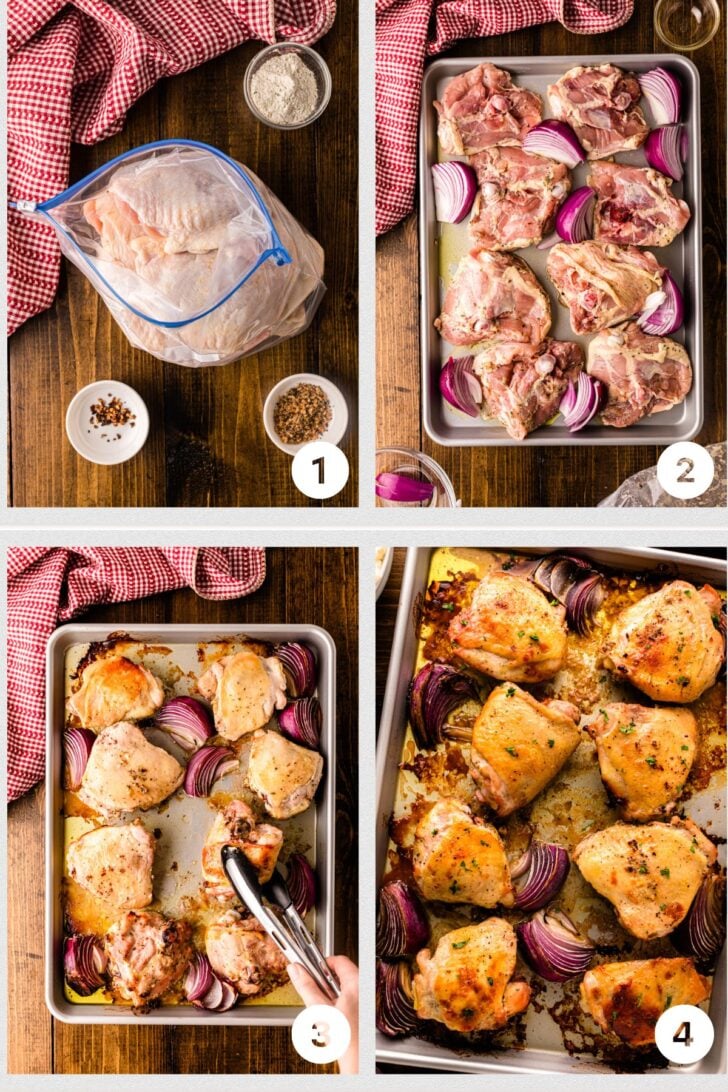 Step 1:
Chicken thighs in a zip-top bag with seasonings being mixed by hand to coat evenly.
Step 2:
Seasoned chicken placed skin-side down on a sheet pan with quartered red onions around it, ready for the oven.
Step 3:
Chicken flipped over on the sheet pan after roasting, showing golden brown skin and tender onions.
Step 4:
Chicken under the broiler, skin crisping and slightly charred for a crispy finish.