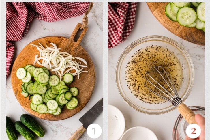 Step-by-step process for making cucumber salad. Step 1 shows a wooden cutting board with thinly sliced cucumbers and onions, next to a knife and whole cucumbers. Step 2 shows a glass bowl with a vinegar-based dressing being whisked together with black pepper.