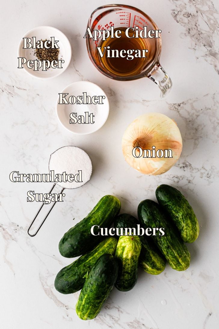 Overhead view of labeled ingredients for making cucumber salad on a marble surface, including a measuring cup of apple cider vinegar, a whole yellow onion, granulated sugar in a scoop, a small bowl of kosher salt, black pepper in a dish, and several whole pickling cucumbers.