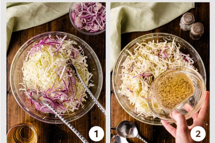 A close-up view of vinegar slaw ingredients displayed on a rustic wooden table: thinly sliced cabbage and red onions with seasoning.