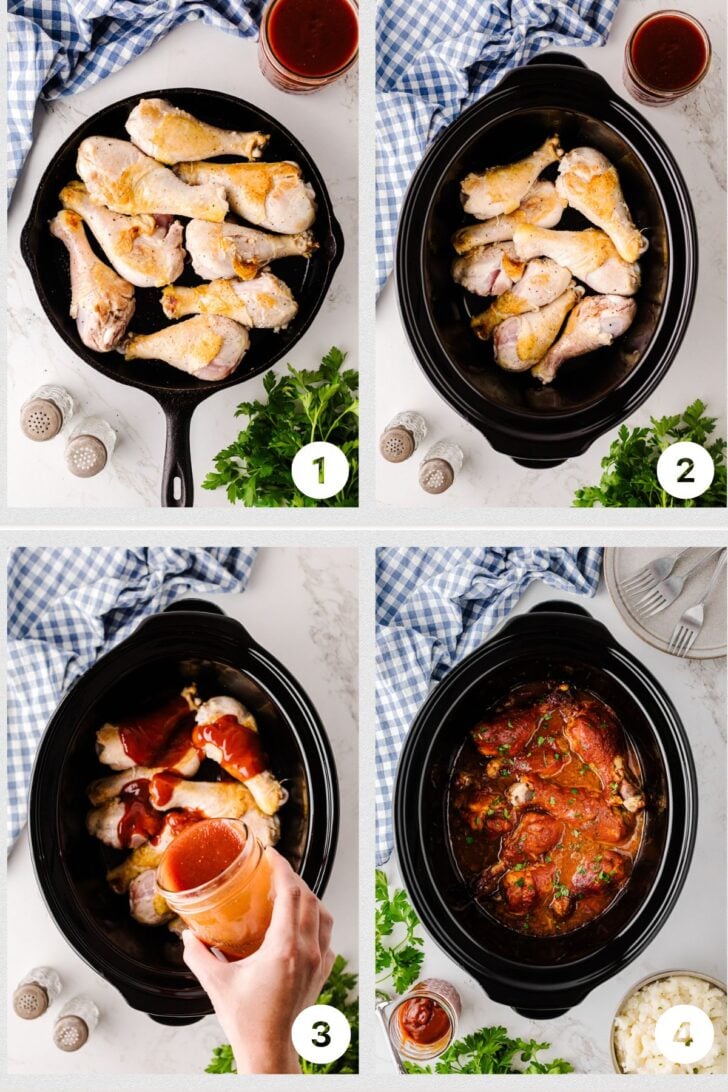 Four-step photo collage showing how to make Crock Pot chicken legs:
Chicken legs searing in a black skillet
Chicken legs transferred into a slow cooker
BBQ sauce being poured over the chicken
Cooked chicken legs in a rich BBQ sauce inside the Crock Pot, garnished with herbs