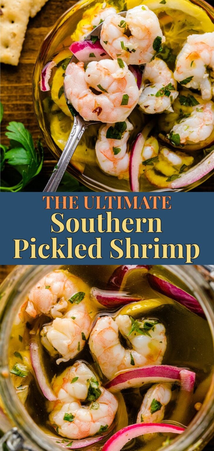 Pinterest pin image for The Ultimate Southern Pickled Shrimp