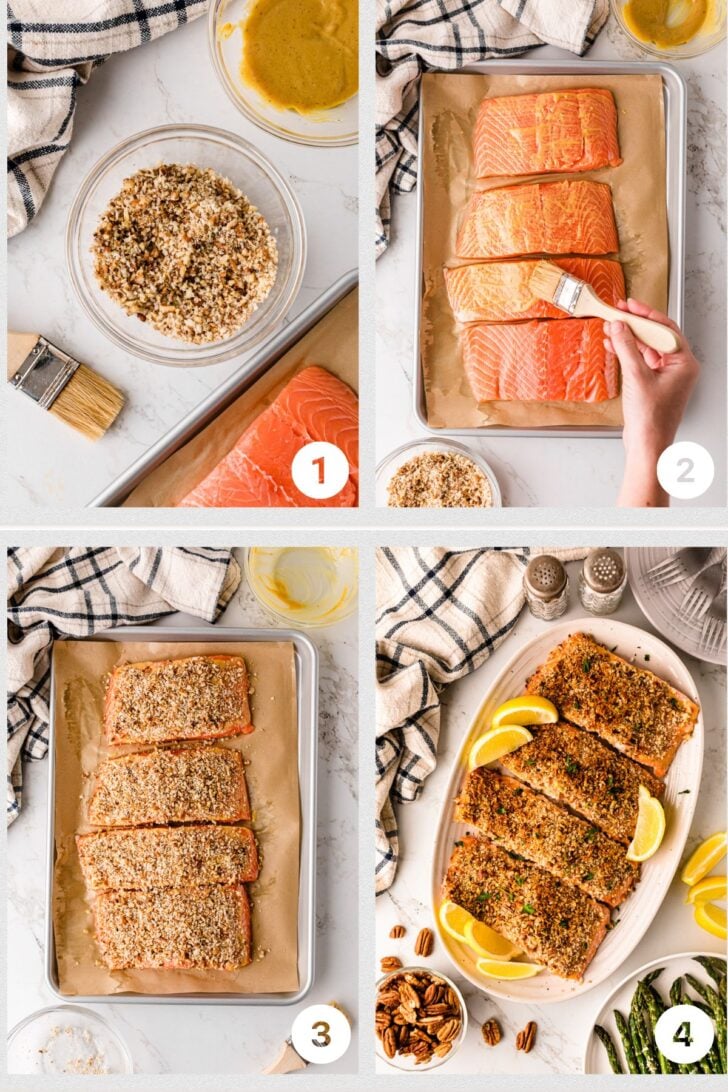 A single image divided into four panels showing a step-by-step recipe for preparing nut-crusted salmon. Panel 1: A kitchen counter with a bowl of mustard sauce, a bowl of chopped nuts, a pastry brush, and a checkered cloth. Panel 2: A hand brushing mustard sauce onto raw salmon fillets on a parchment-lined baking sheet. Panel 3: Raw salmon fillets coated with chopped nuts on a parchment-lined baking sheet, with a bowl of mustard sauce and a checkered cloth nearby. Panel 4: A finished dish of baked salmon fillets coated with nuts, garnished with lemon slices, served on a white platter with asparagus and a bowl of pecans on the side.