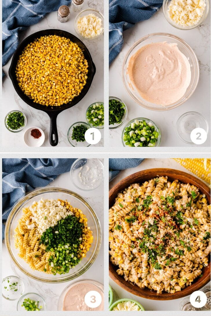 Four-image collage showing steps to make Street Corn Pasta Salad:
Charred corn in a cast iron skillet surrounded by spices and chopped herbs.
Creamy dressing mixture in a bowl with surrounding small bowls of green onions, jalapeños, and cilantro.
Pasta in a large mixing bowl with feta cheese, chopped herbs, corn, and onions.
Final pasta salad fully mixed and garnished with fresh herbs and spices in a wooden serving bowl.