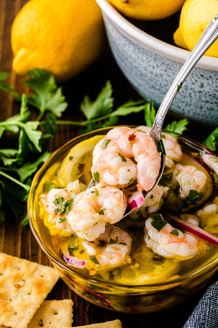 A spoon lifting pickled shrimp from a glass bowl filled with shrimp, red onions, lemon slices, and herbs in a tangy marinade. Surrounded by crackers, fresh parsley, and a bowl of lemons on a wooden surface.