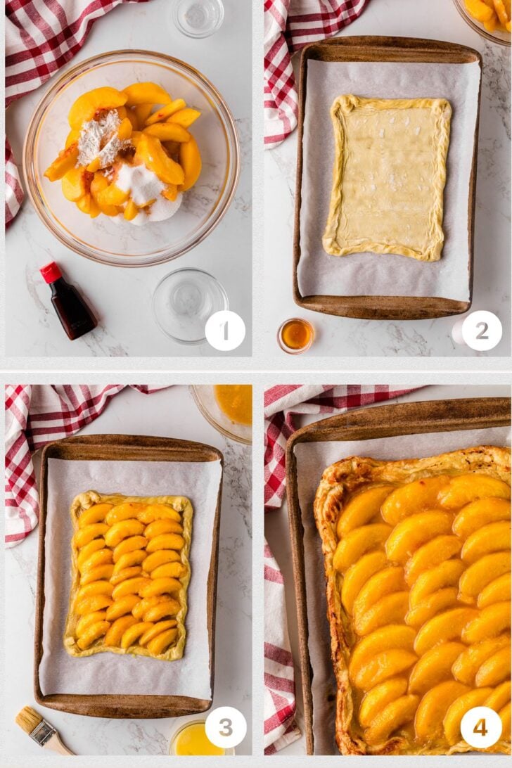 Four-step photo collage showing how to make a peach tart.
Sliced peaches in a bowl with sugar, flour, and vanilla.
A puff pastry sheet is placed on a baking tray and folded around the edges.
Peaches are layered neatly over the pastry.
The baked tart is golden brown with glossy, caramelized peaches. A red checkered towel and pastry brush are visible throughout.