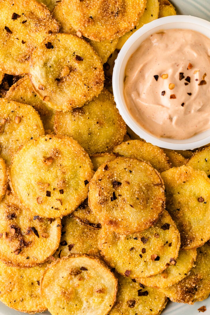 Close-up of crispy fried squash slices topped with red pepper flakes, served with a creamy dipping sauce in a white ramekin. The golden breading and light crunch are clearly visible.