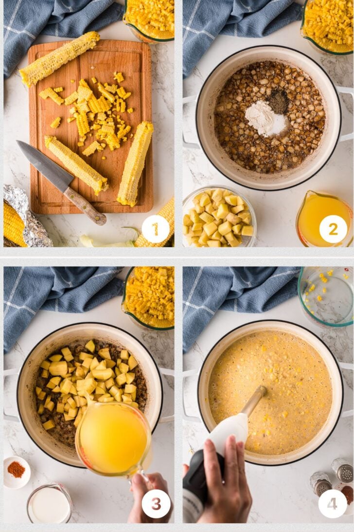 Four-step photo collage showing how to make creamy corn chowder:
Corn kernels cut from cobs on a cutting board.
Dutch oven with sautéed onions/bacon drippings; flour, salt, and pepper added.
Diced potatoes in the pot as chicken stock is poured in.
Soup simmered and blended with an immersion blender until creamy.