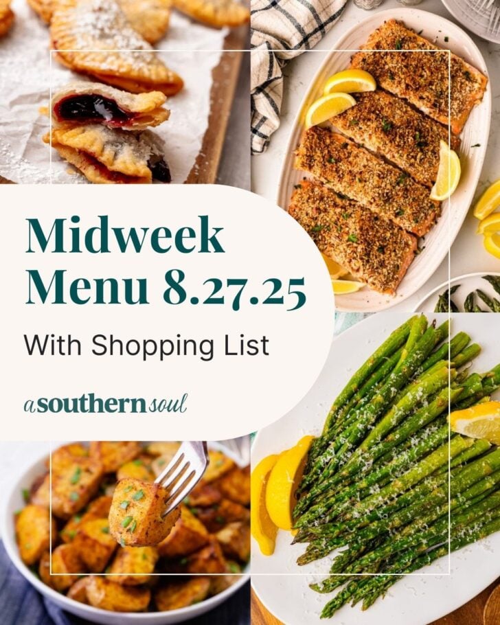 Don’t miss out on the newest Midweek Menu, which features oven-baked pecan-crusted salmon, with roasted asparagus, air-fried pesto potato salad, and fried cherry pies for dessert. Each recipe is simple, flavorful, and perfect for busy weeknights.