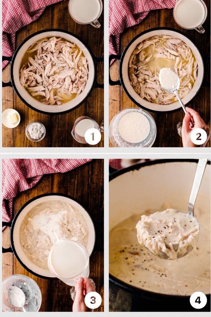 Four-step collage showing how to make creamy chicken stew. Step 1: shredded chicken in a pot with broth. Step 2: adding a flour and milk mixture. Step 3: pouring in more milk to thicken. Step 4: ladle of finished creamy chicken stew sprinkled with pepper.