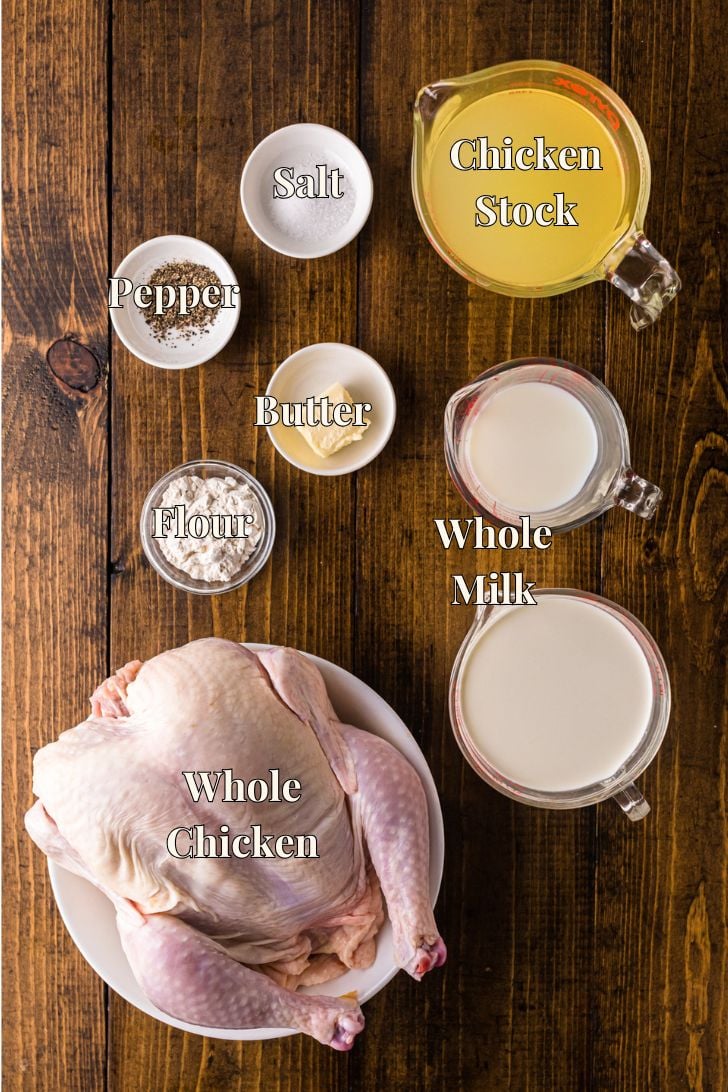 Overhead view of chicken stew ingredients on a wooden table: whole raw chicken, chicken stock, whole milk, butter, flour, salt, and pepper.