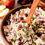 Wooden spoon lifting creamy coleslaw with beets and green onions from wooden bowl, EDITED 8