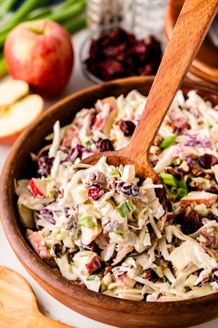 Wooden spoon lifting creamy coleslaw with beets and green onions from wooden bowl, EDITED 8