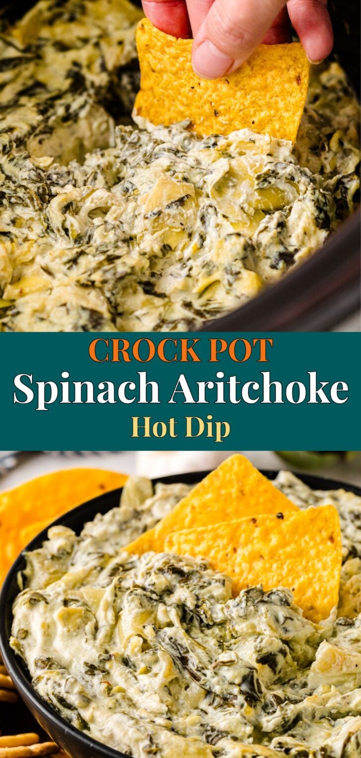 Pinterest pin image for Classic Crock Pot Spinach Artichoke Dip