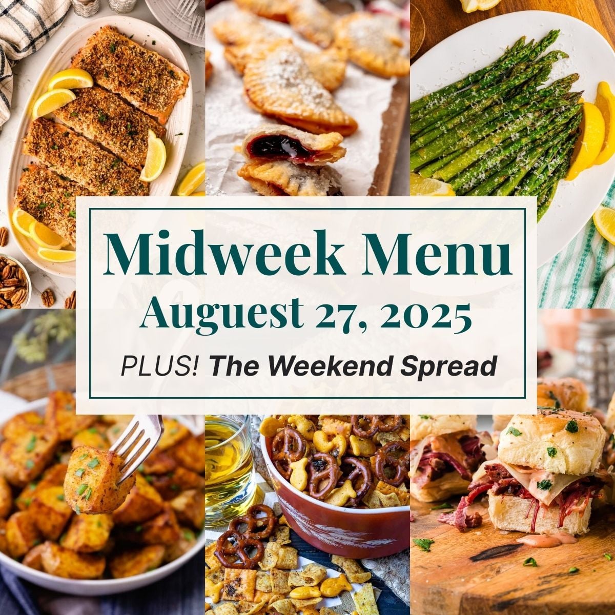 A grid of 6 midweek menu meal plan photos with a text overlay.