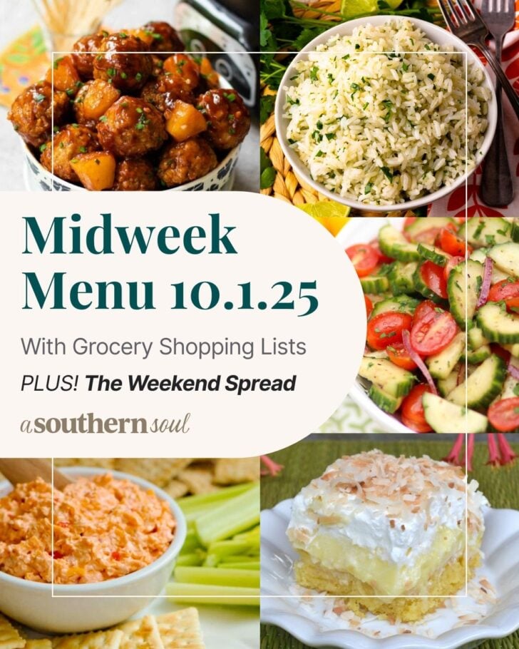 A photo grid of 5 photos for a midweek menu meal plan with a text overlay.